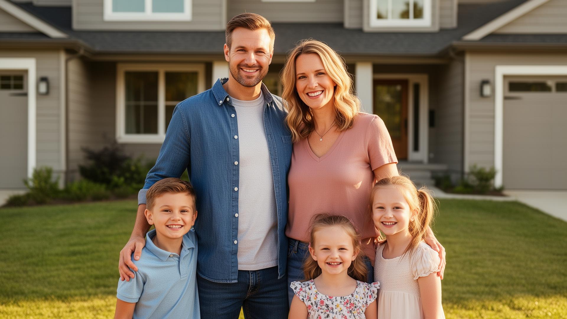 Happy Canadian family with children in front of their home